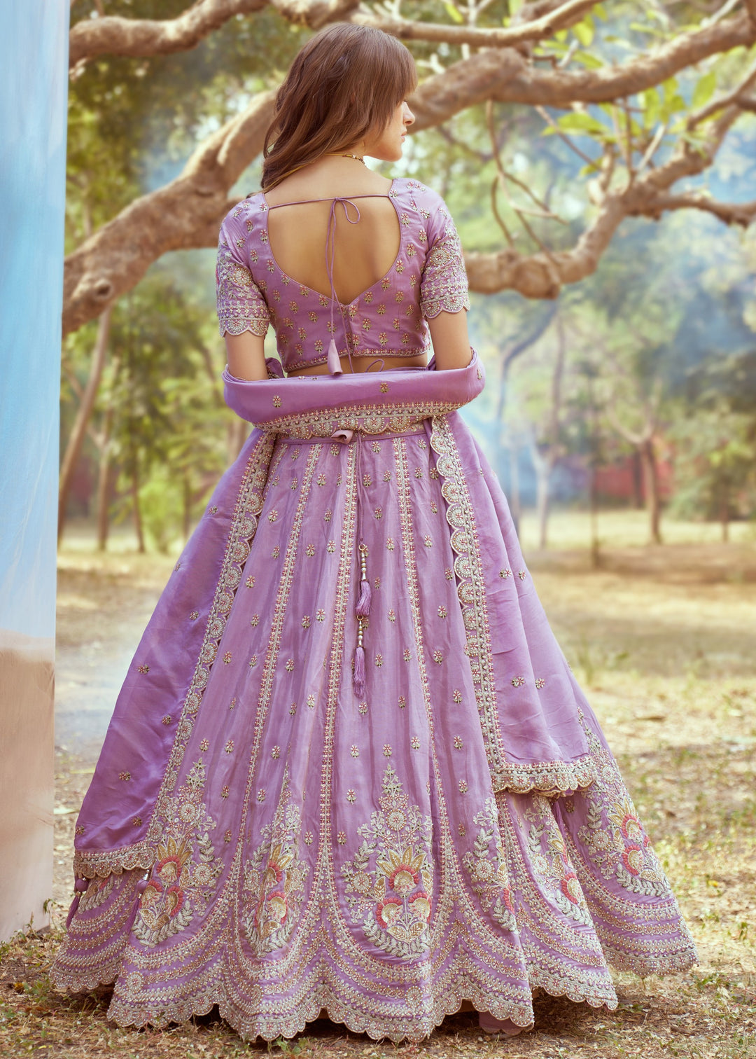 Lavender Gold crushed Tissue Fabric Moti, Zari work Lehenga