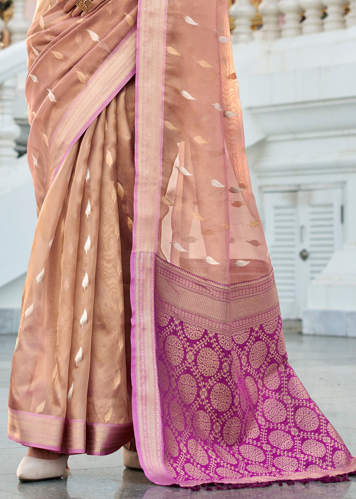 Shades of Pink Tissue Silk Saree With Zari Weaving And Contrast Blouse