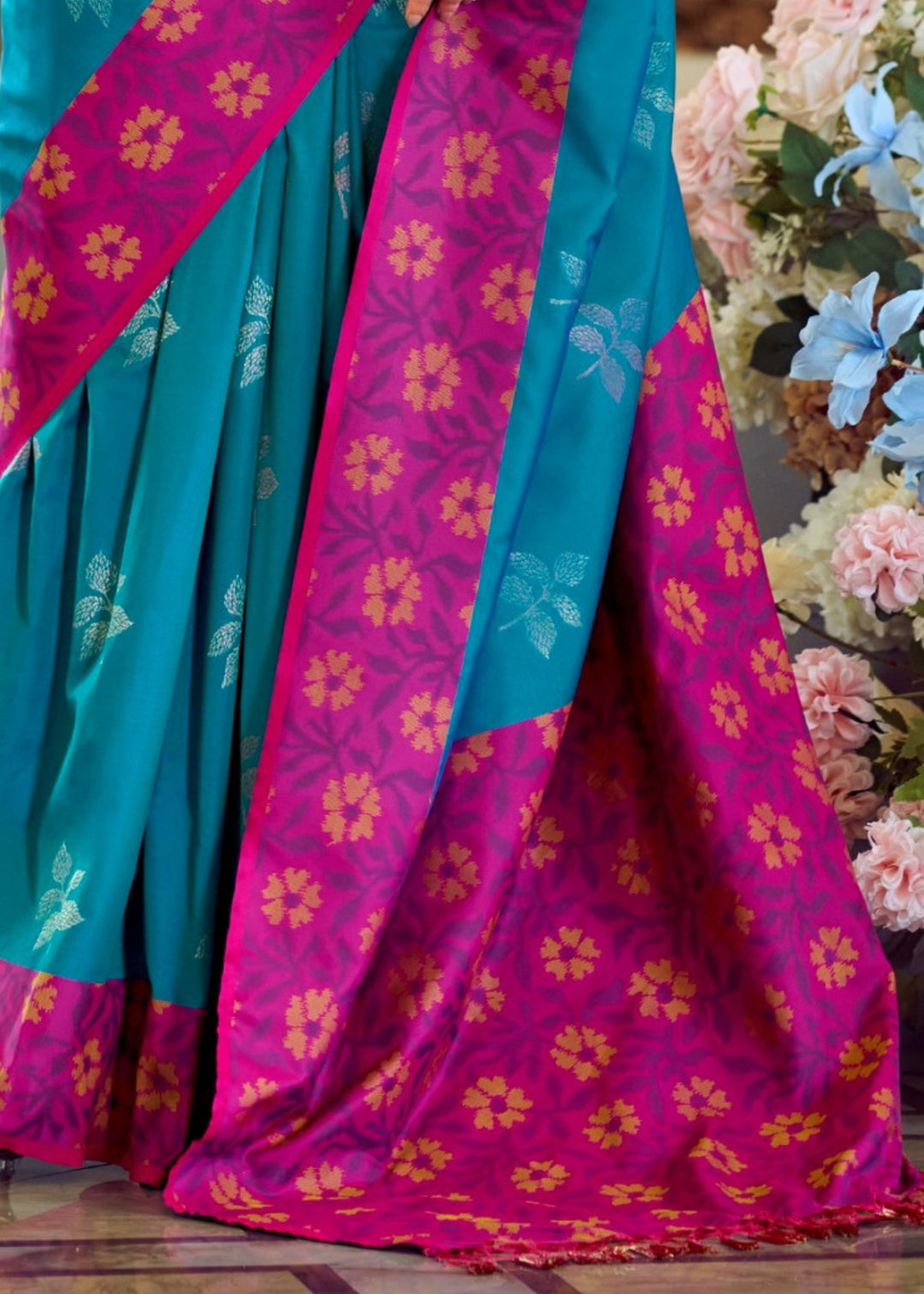 Dodger Blue Soft Silk Saree With Ikkat Border