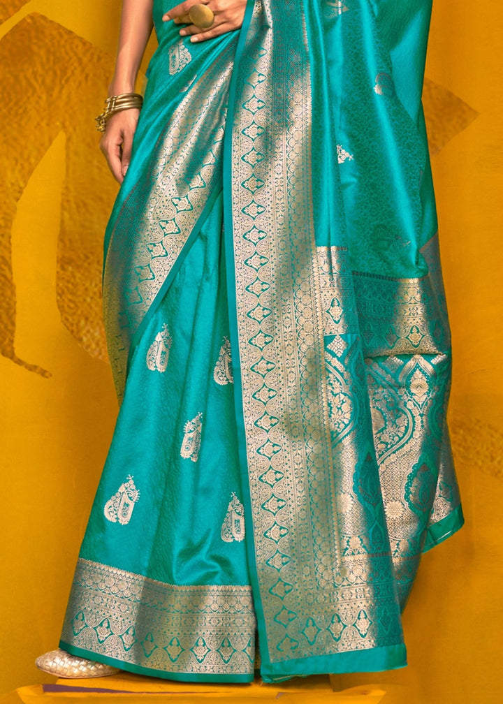 Cyan Blue Two Tone Handloom Weaving Silk Saree