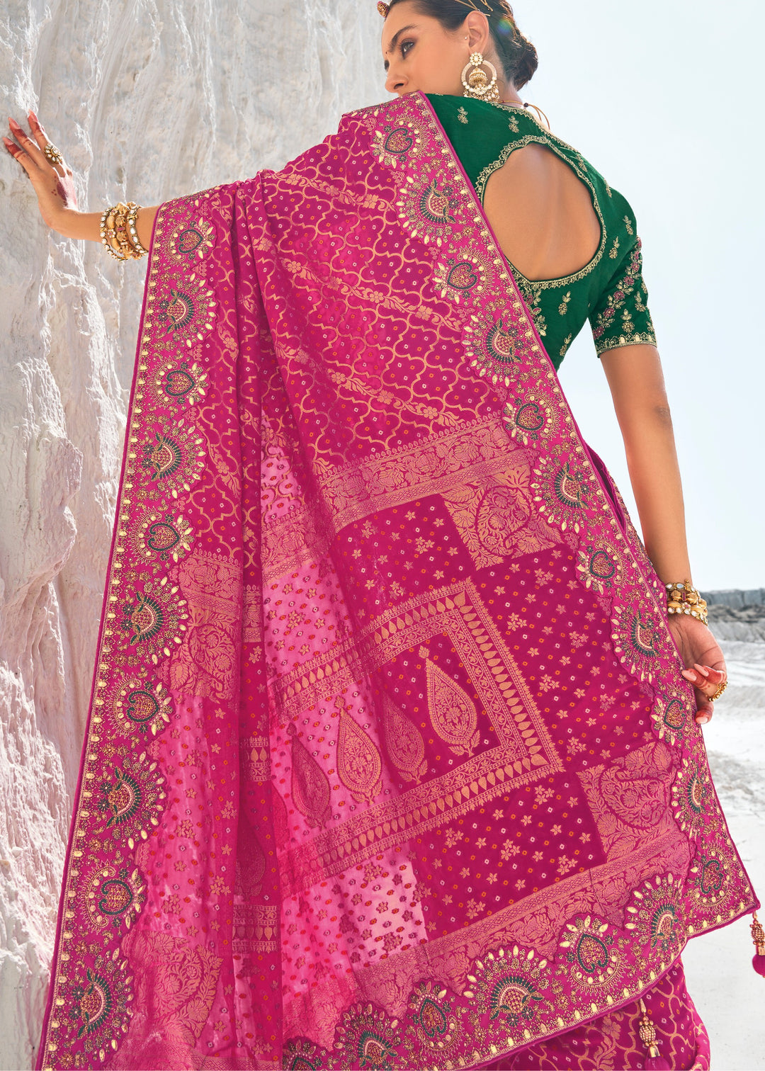 Wild Berry Pink Pure Georgette Bandhani Patola With Zari Weaving Heavy Work Saree