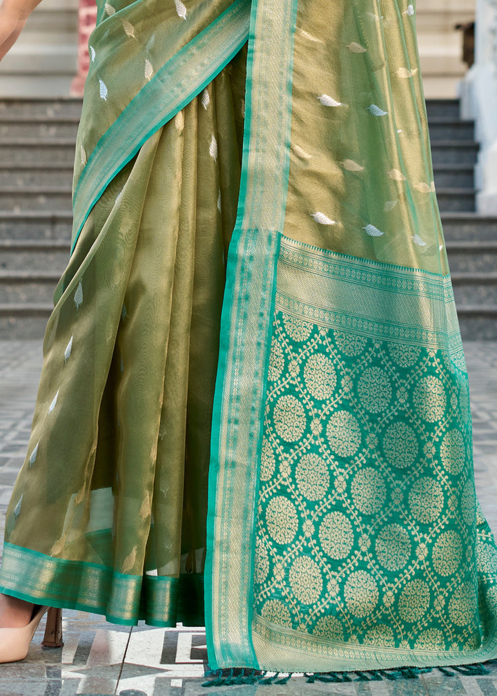 Shades of Green Tissue Silk Saree With Zari Weaving And Contrast Blouse