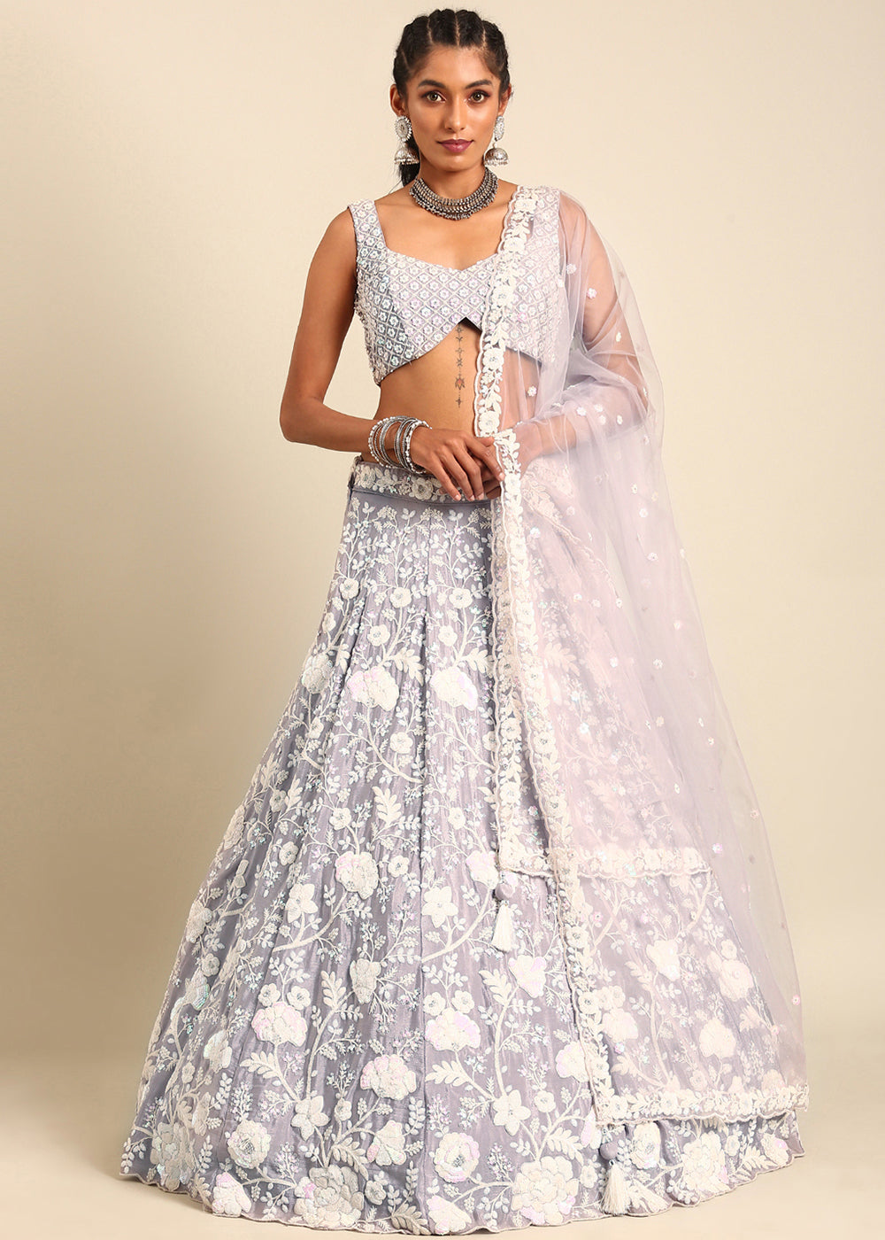 Silver Mauve Purple Georgette lehenga Choli with Sequins & Zarkan Embroidery