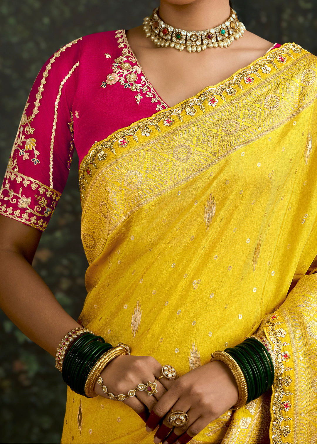 Yellow and Meganta Viscose silk Saree with Zari work