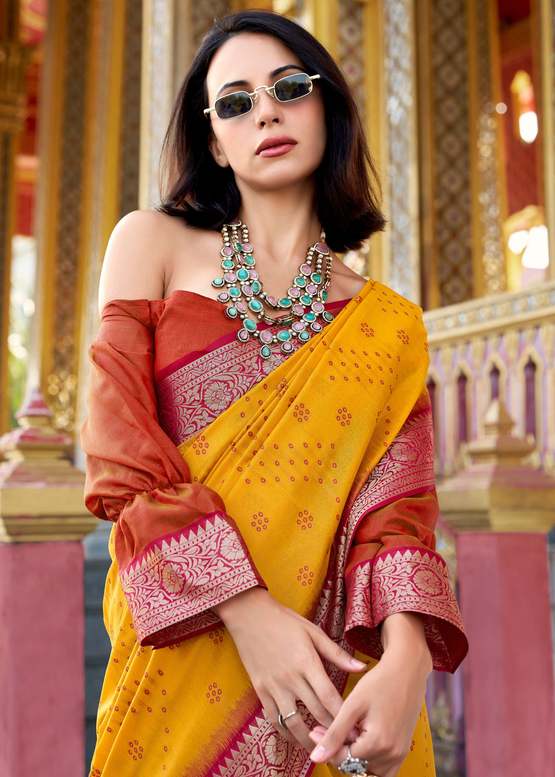 Saffron Yellow Tusser Handloom Silk Saree With Zari Weaving Border & Patola Weaved Pallu