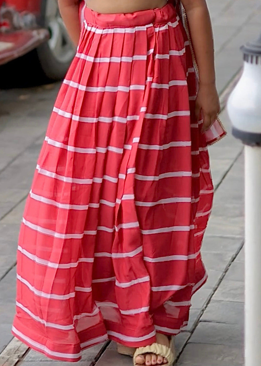 White & Red Faux Georgette With Digital Print Lehenga