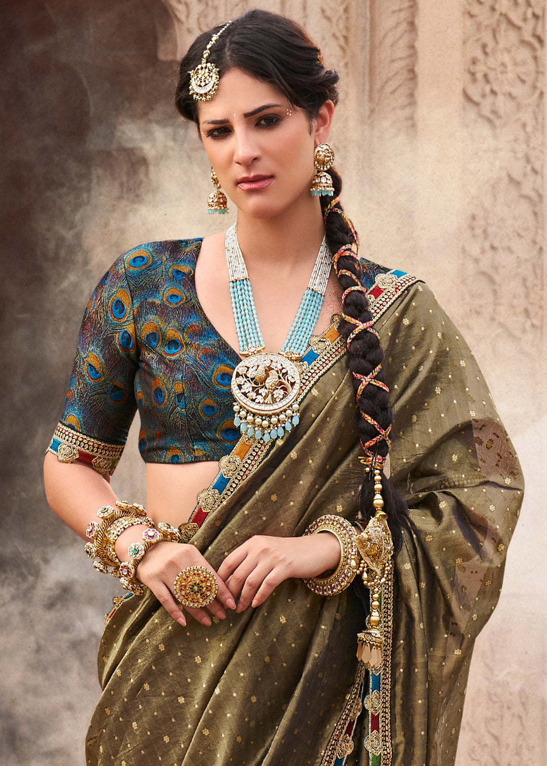 Army Green Tissue Silk Saree With Multicolored Lace & Designer Blouse