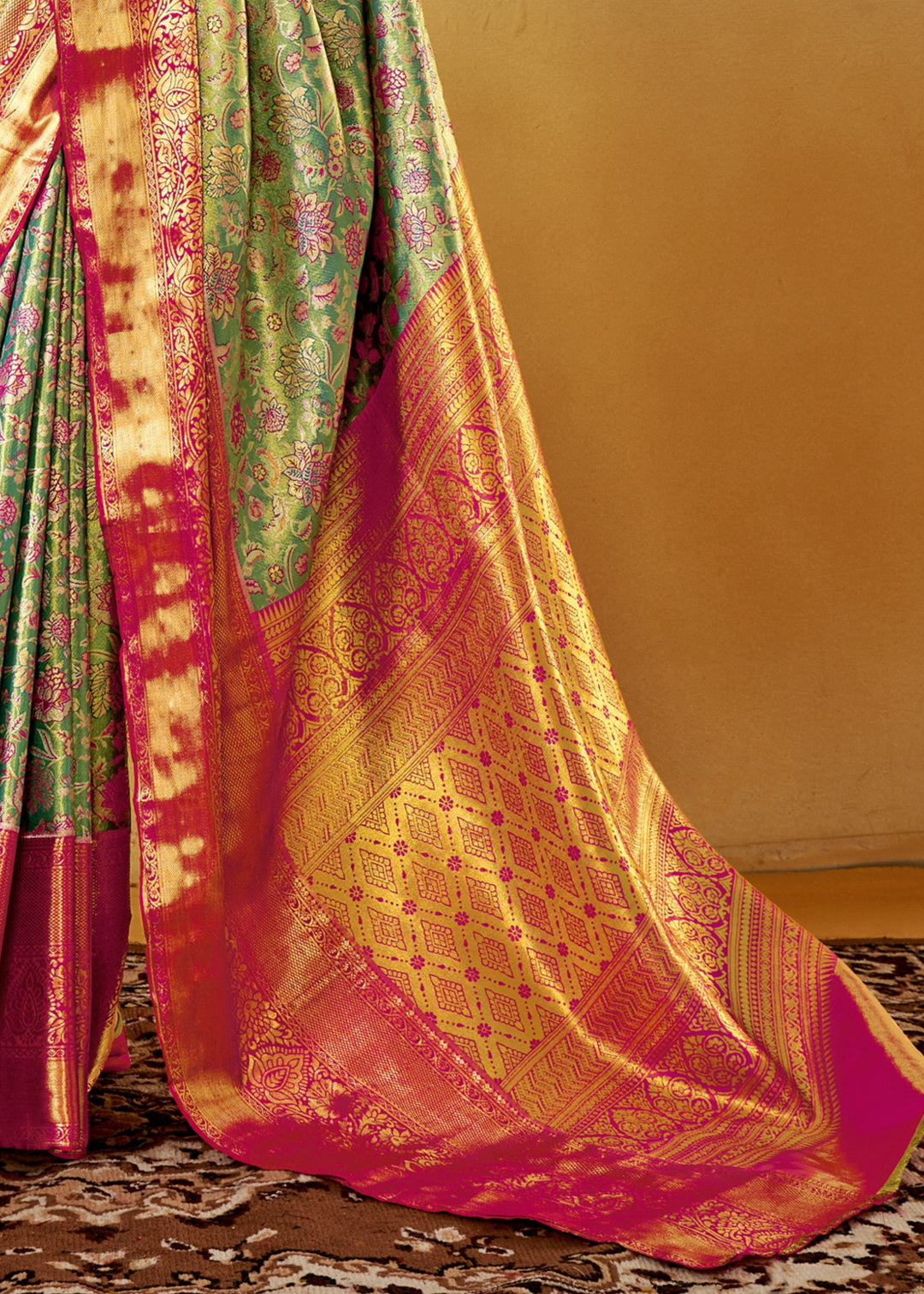 Pink and Green Handloom Dharamavaram Silk Saree