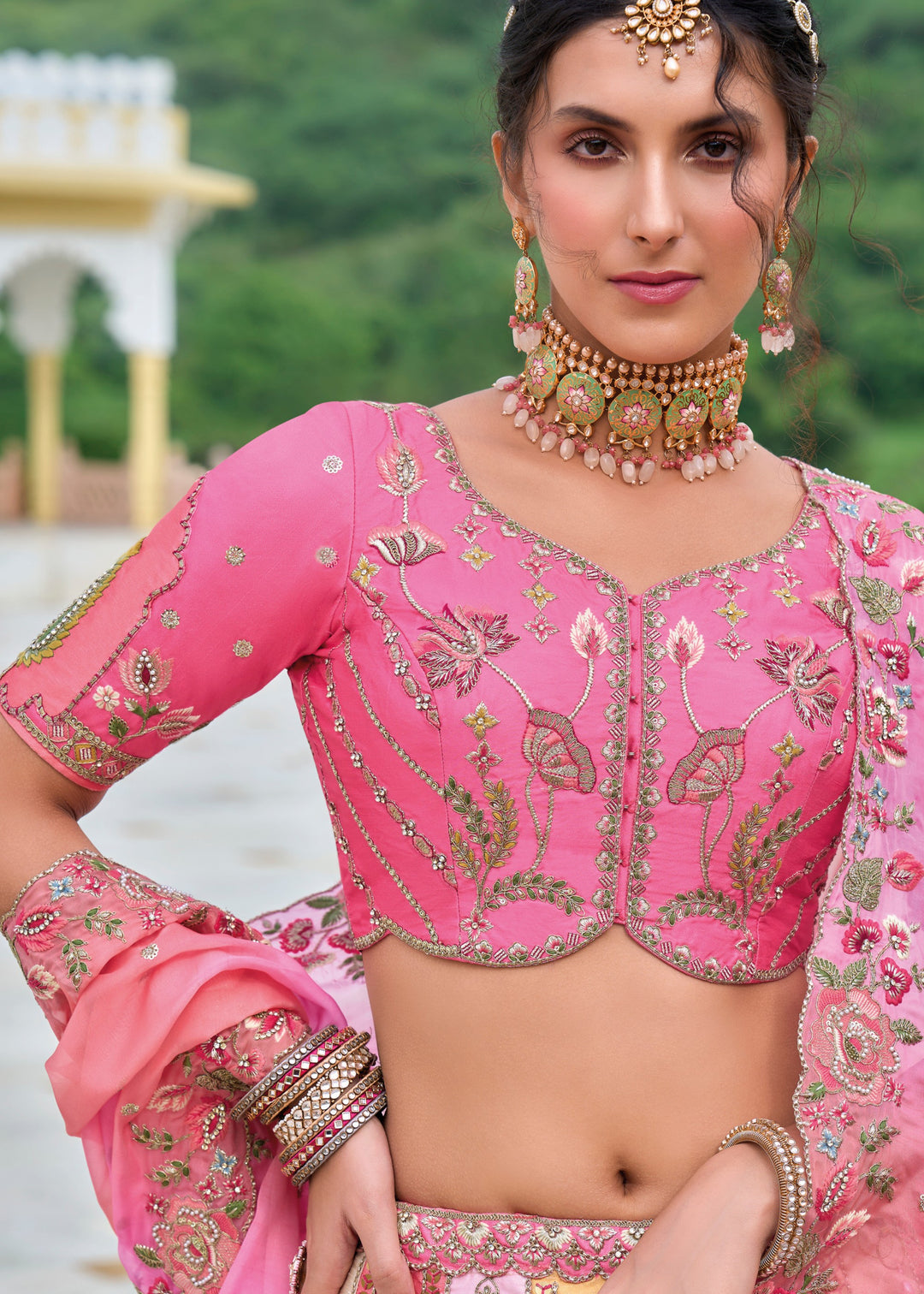 Shades of Pink Viscose Tissue Lehenga Choli with Embroidery Work