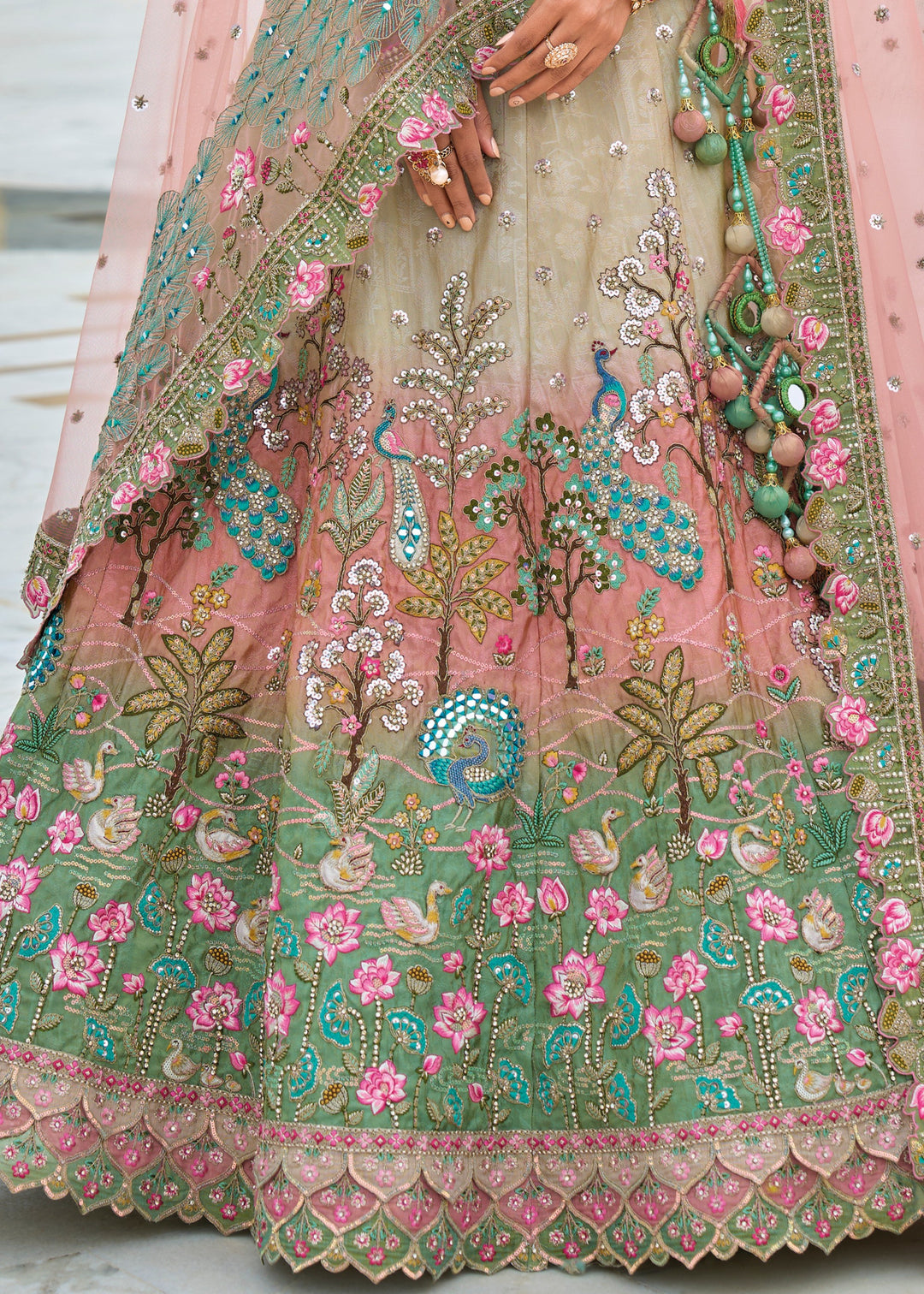 Pista Green and peach Viscose Tissue Lehenga Choli with Embroidery Work : Top Pick