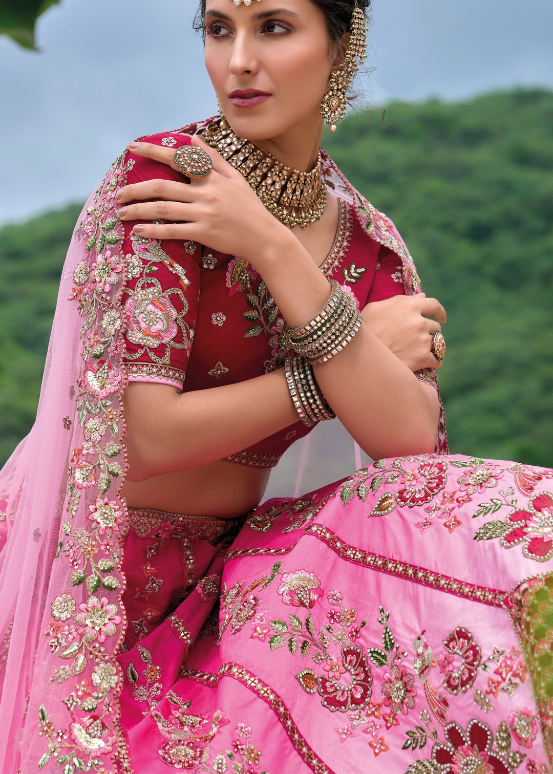 Raspberry Pink Viscose Tissue Lehenga Choli with Embroidery Work