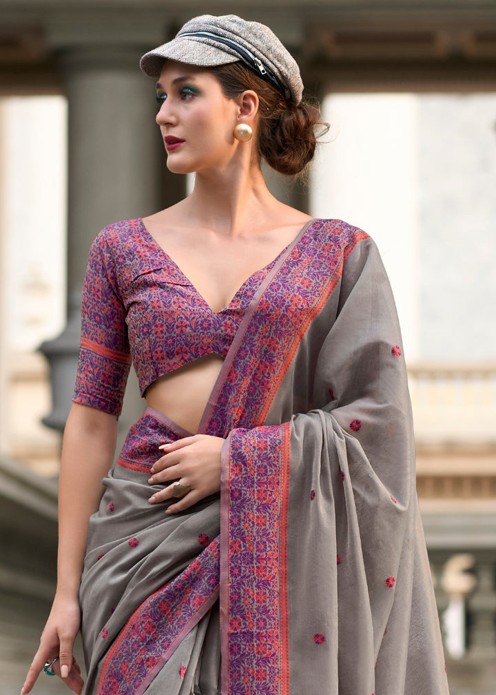 Pebble Grey Soft Linen Cotton Silk Saree