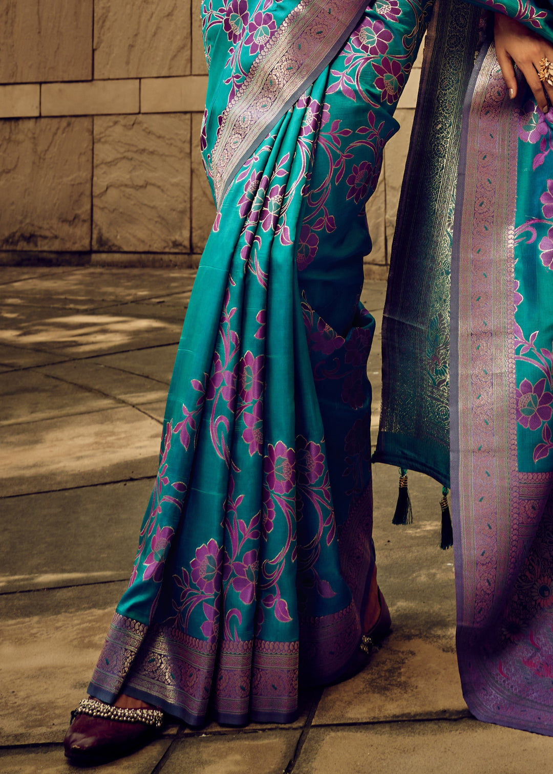 Turquoise Handloom Weaving Satin Saree