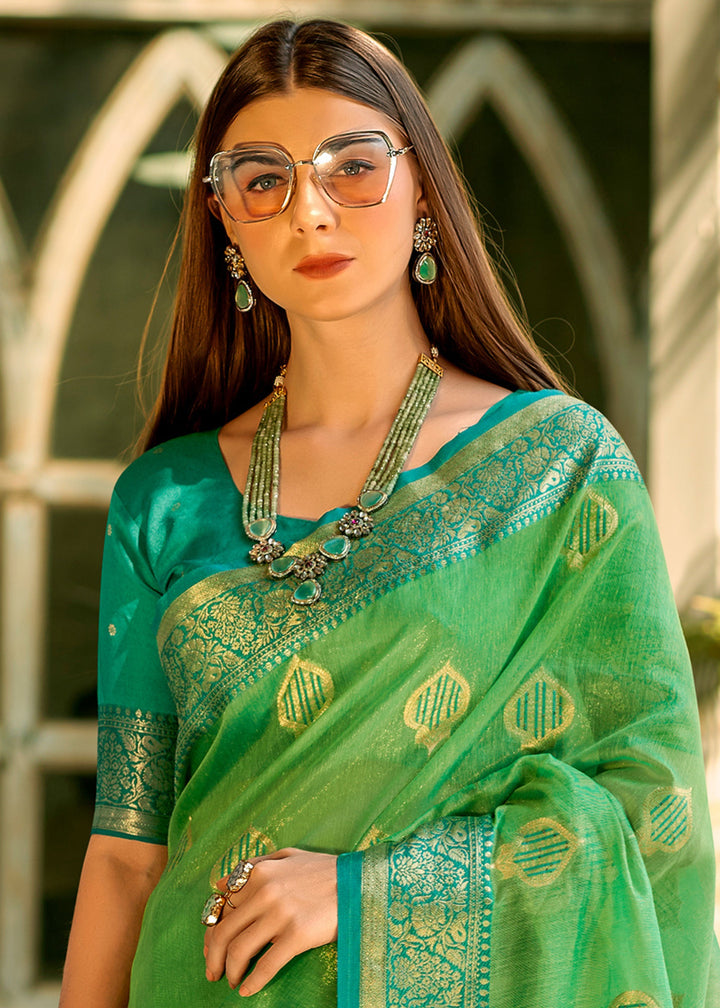 Dark Pastel Green Soft Tissue Silk Saree With Contrast Border