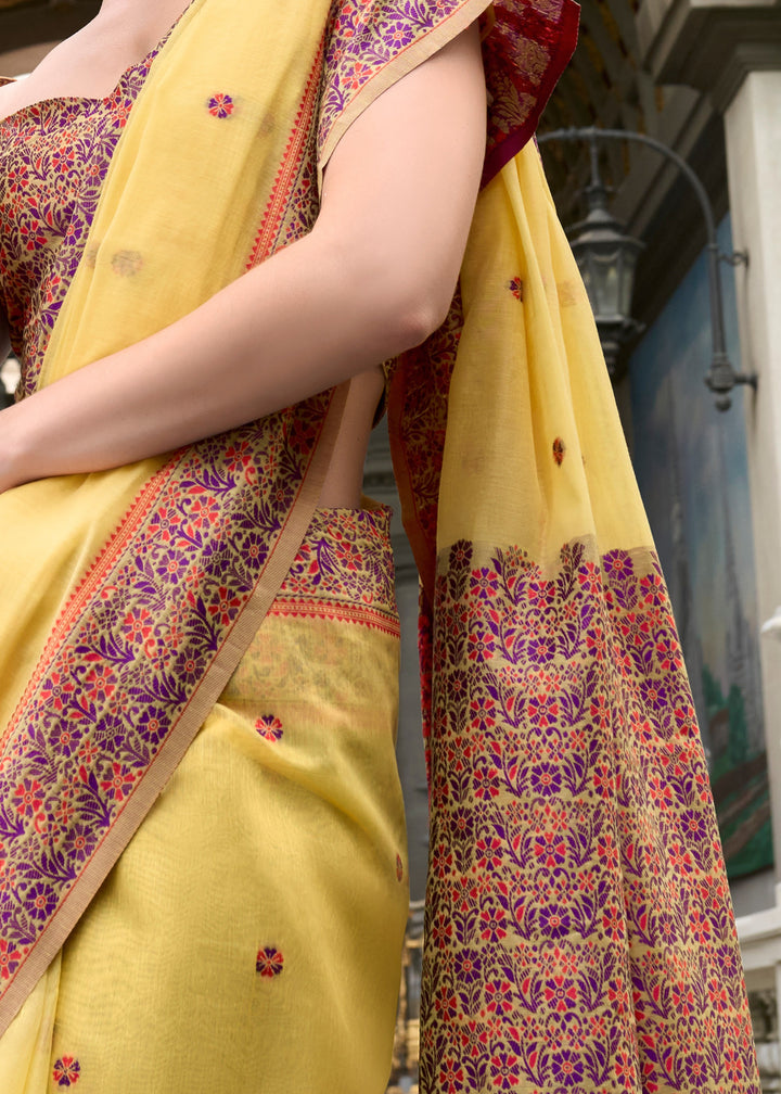 Lemon Yellow Soft Linen Cotton Silk Saree