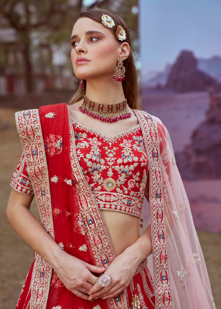 Red Pure silk Moti, Sequins embroidery Bridal Lehenga