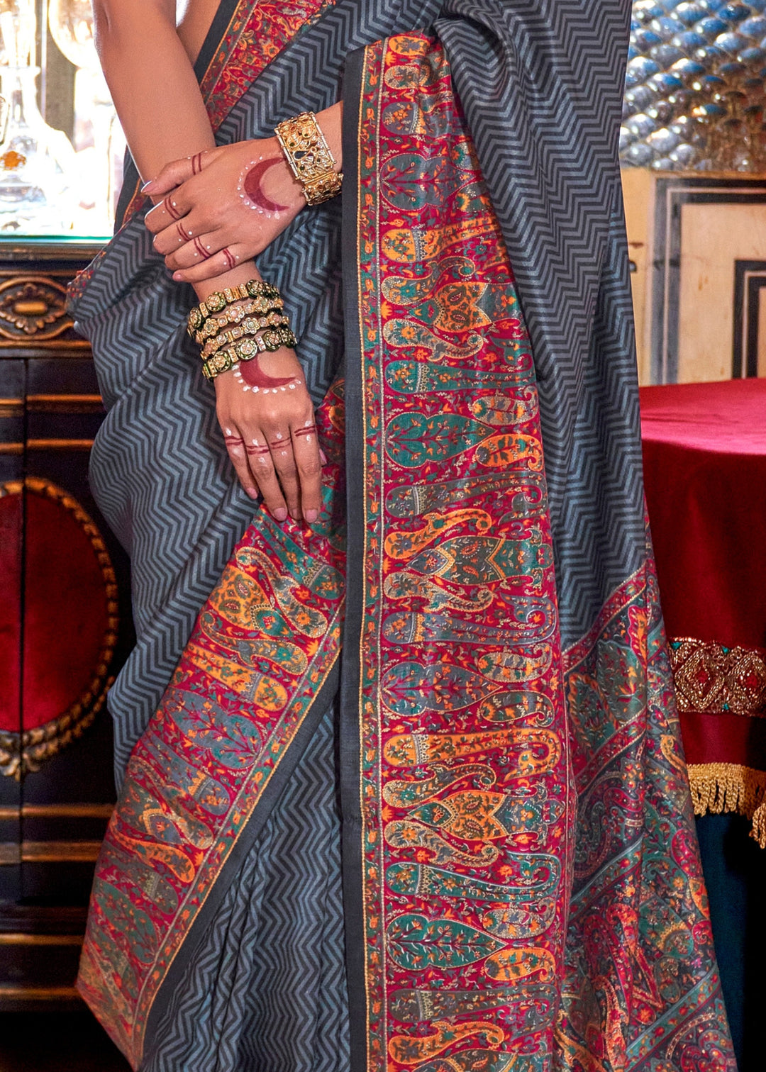 Slate Grey Silk Saree With Beautiful Print