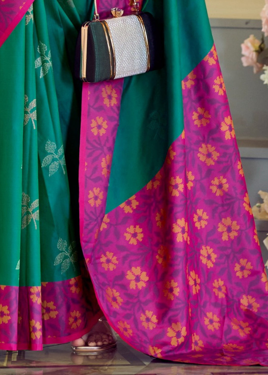 Pine Green Soft Silk Saree With Ikkat Border