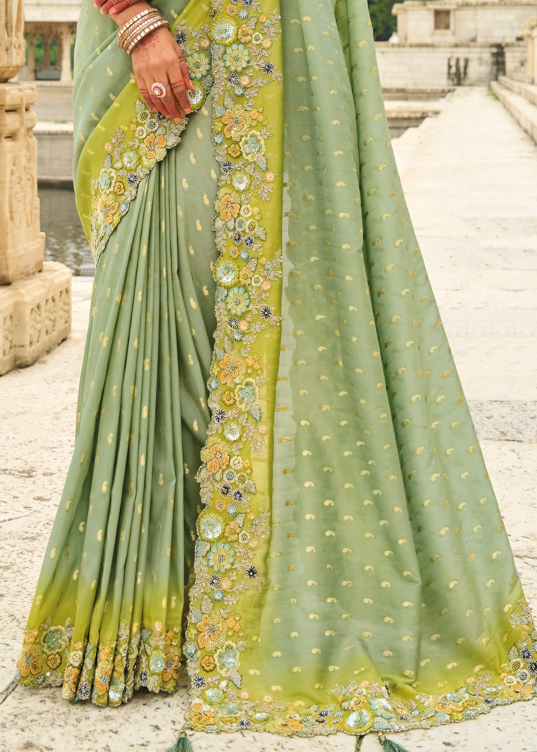 Pistachio Green Viscose Tissue Silk Saree With Embroidery Cut Work Border And Sequence Work