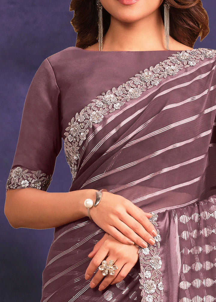 Mauve Purple Georgette Saree with Sequence & Cord Embroidered with Stone Work