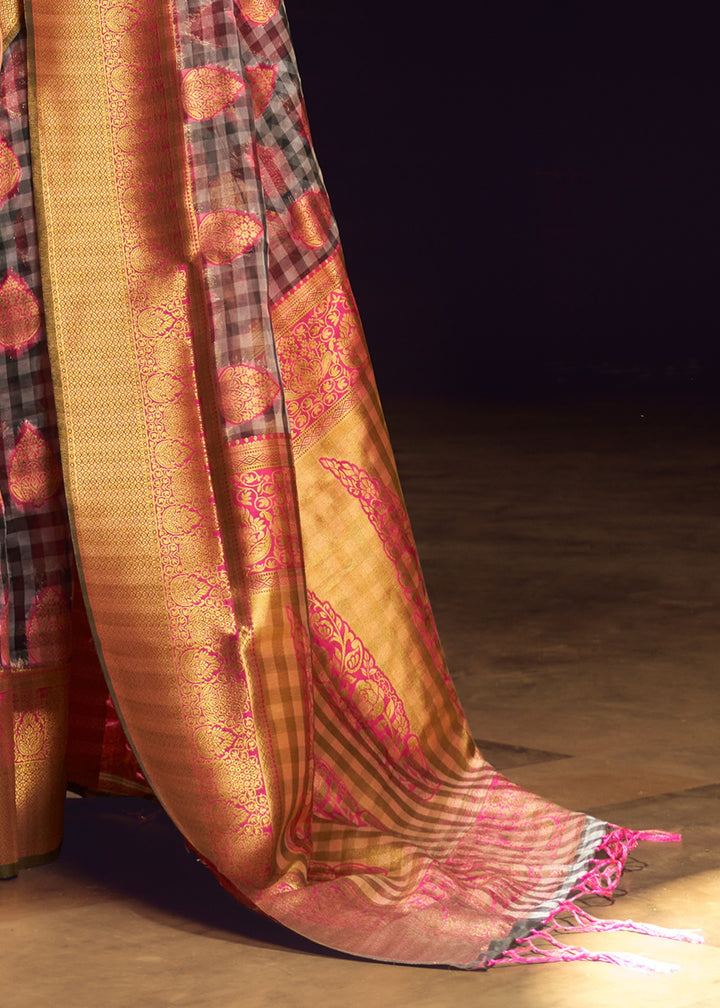 Pink Check Handloom Weaving Silk Saree