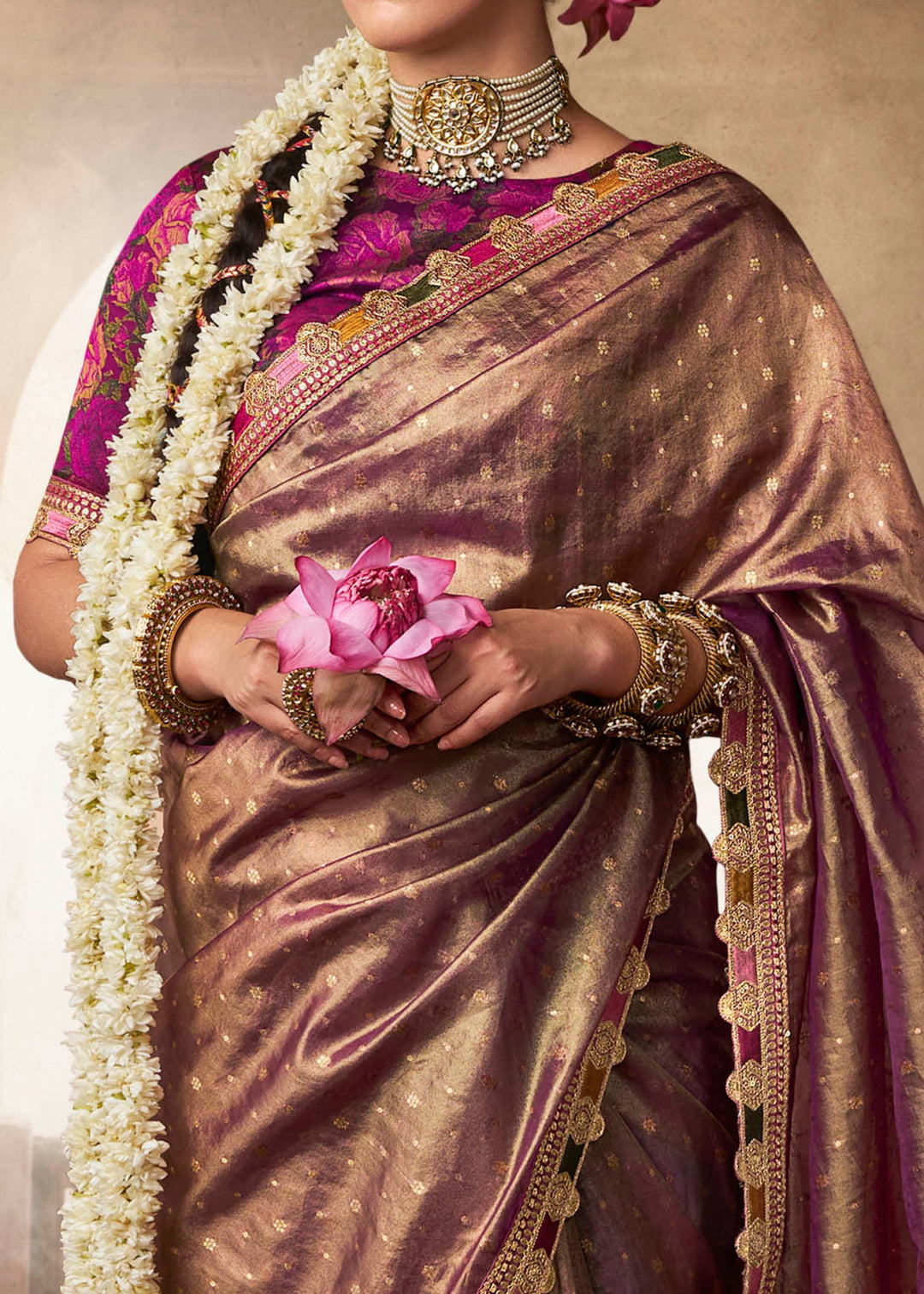 Purpleish Tissue Silk Saree With Multicolored Lace & Designer Blouse