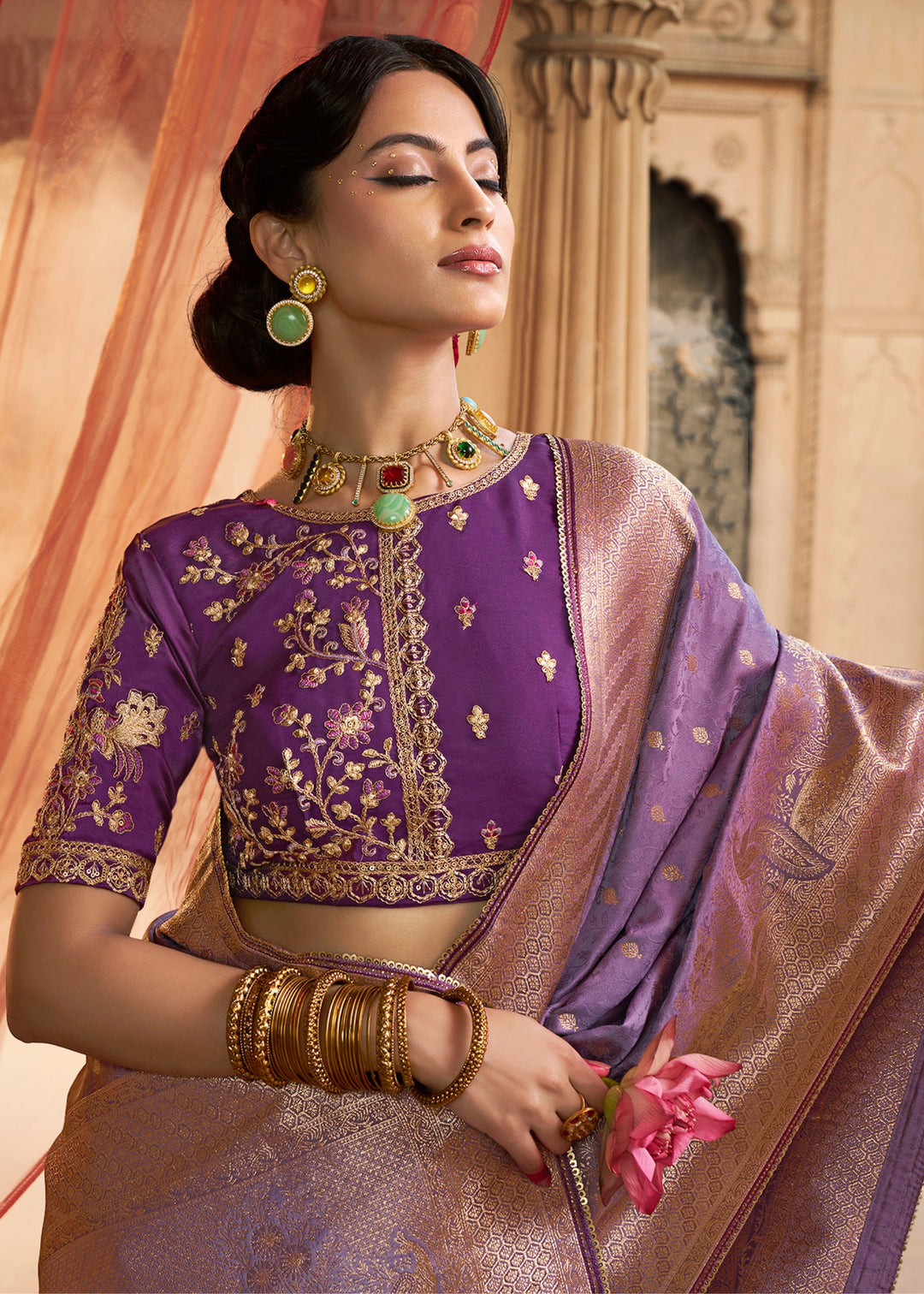 Amethyst Purple Satin Silk Saree With Beautiful Lace Border And Heavy Designer Embroidered Blouse