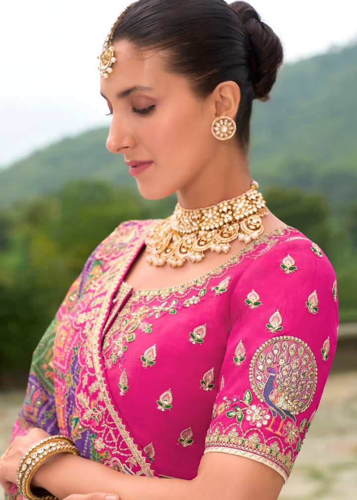 Pink And Cream Banarasi Silk Lehenga With Heavy Embroidery Work