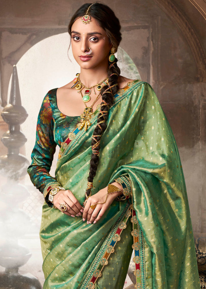 Viridian Green Tissue Silk Saree With Multicolored Lace & Designer Blouse