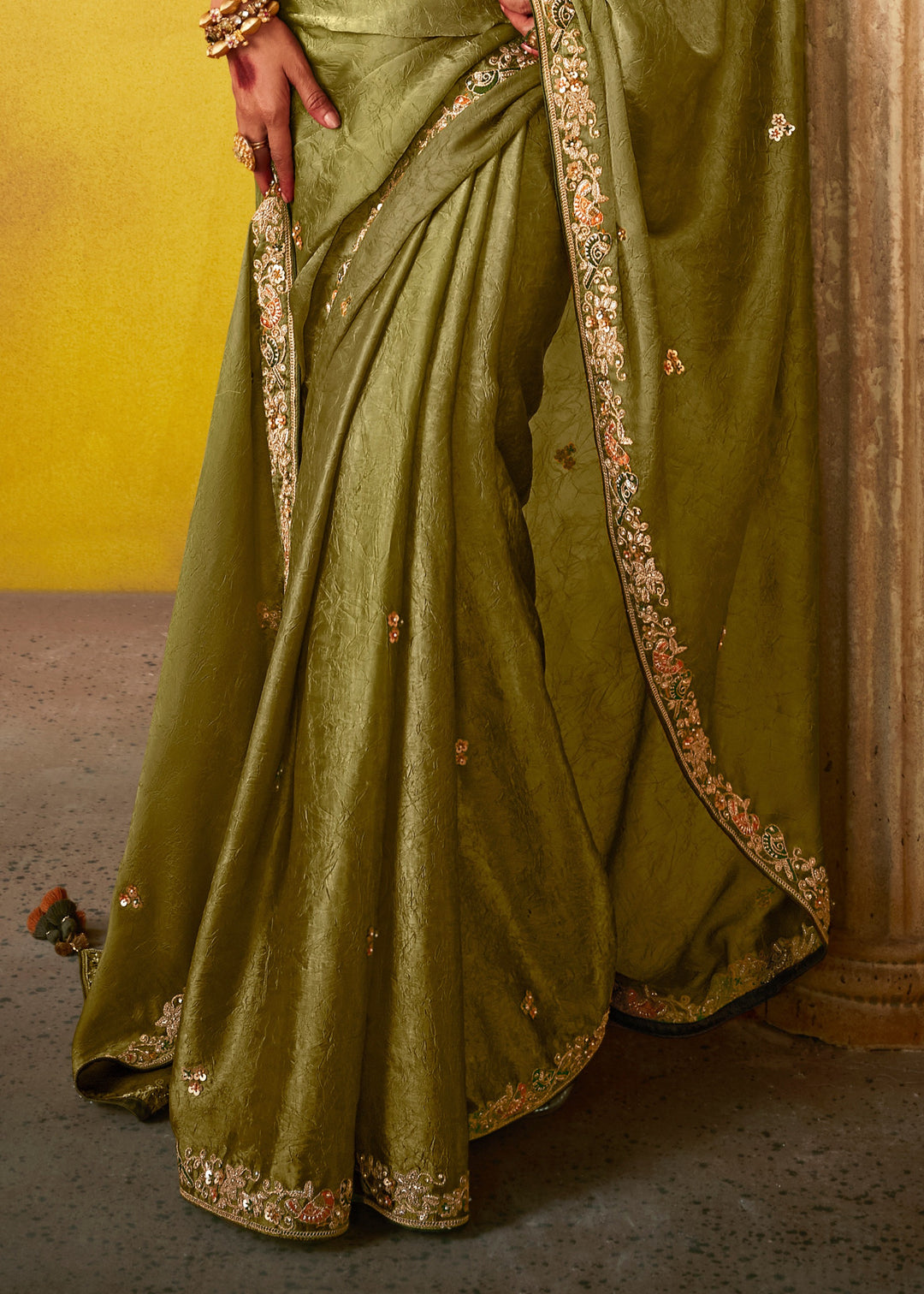 Olive Green Glass Tissue Silk Saree With Sequins And Thread Embroidered Work