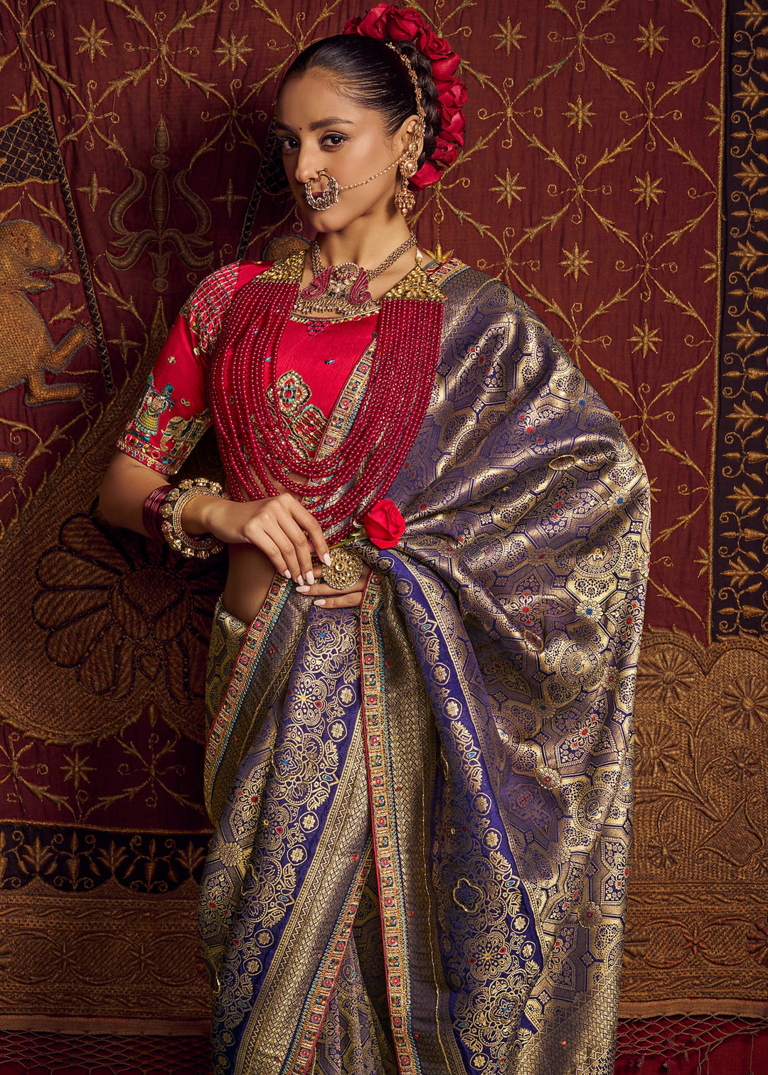 Royal Blue Pure Viscose Dola Silk Saree With Handwork On Blouse And Pallu