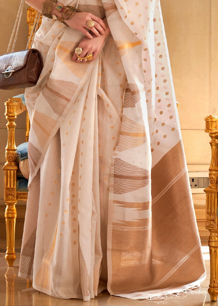 Pearl White Tissue and Khicha Zari Handloom Weaving Silk Saree