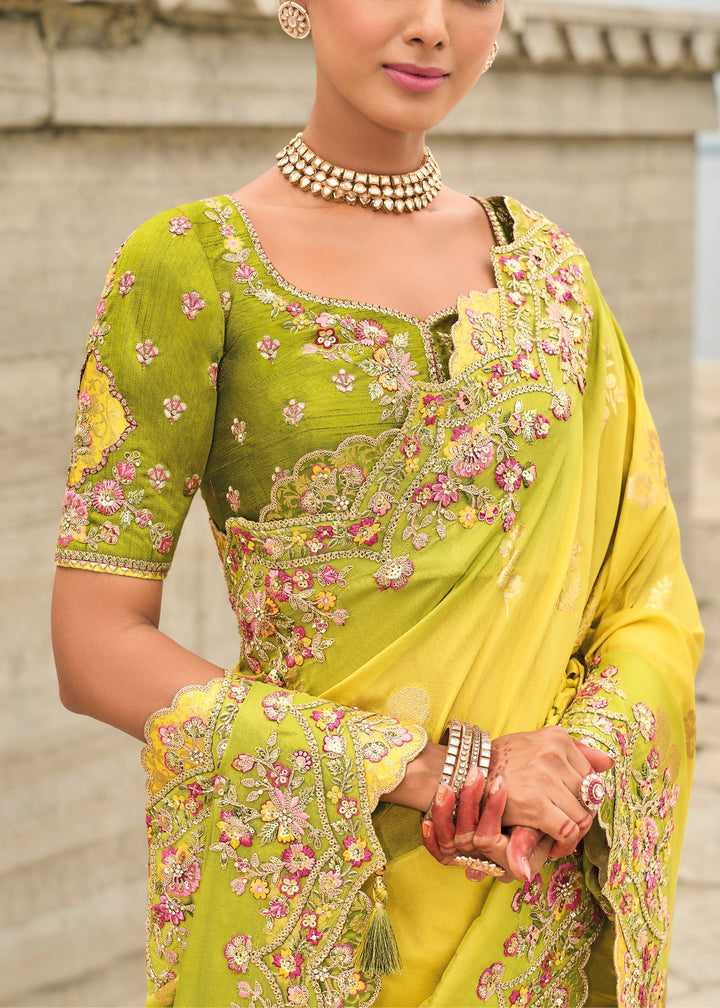 Bright Yellow Viscose Tissue Silk Saree With Embroidery Cut Work Border And Sequence Work