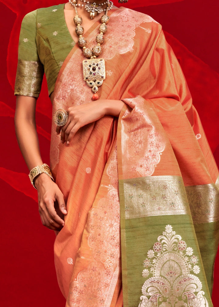 Orange Tussar Silk Handloom Weaving Saree with Contrast Ikkat Pallu