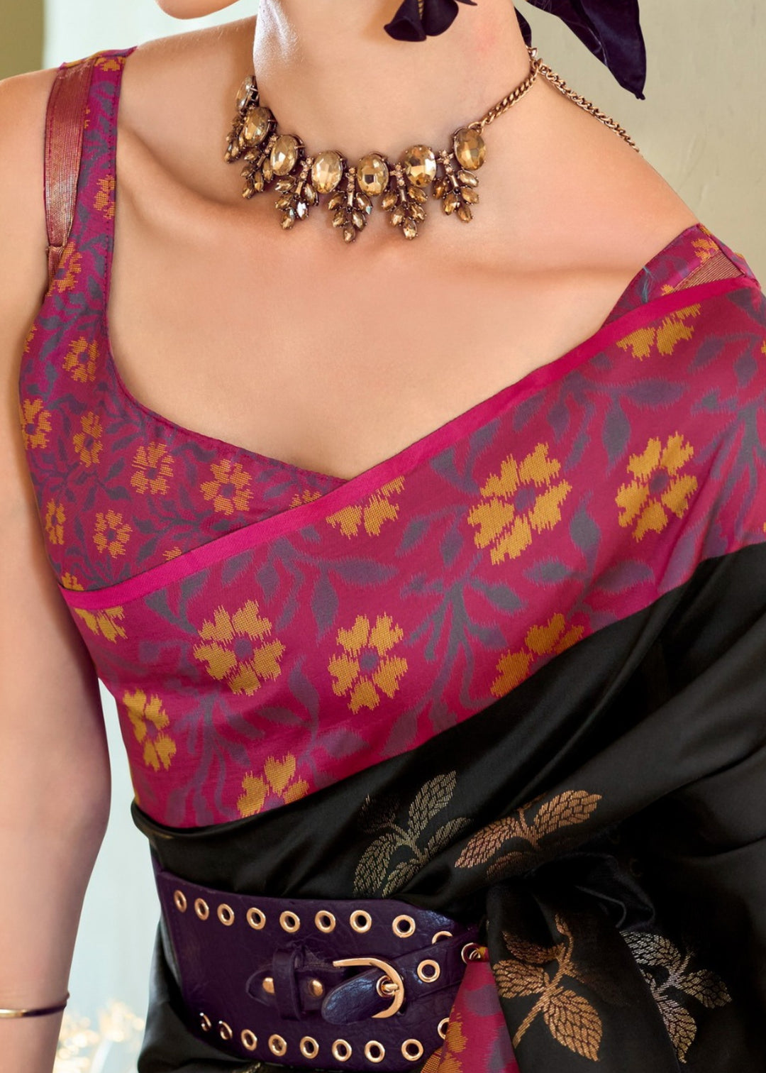 Sable Black Soft Silk Saree With Ikkat Border