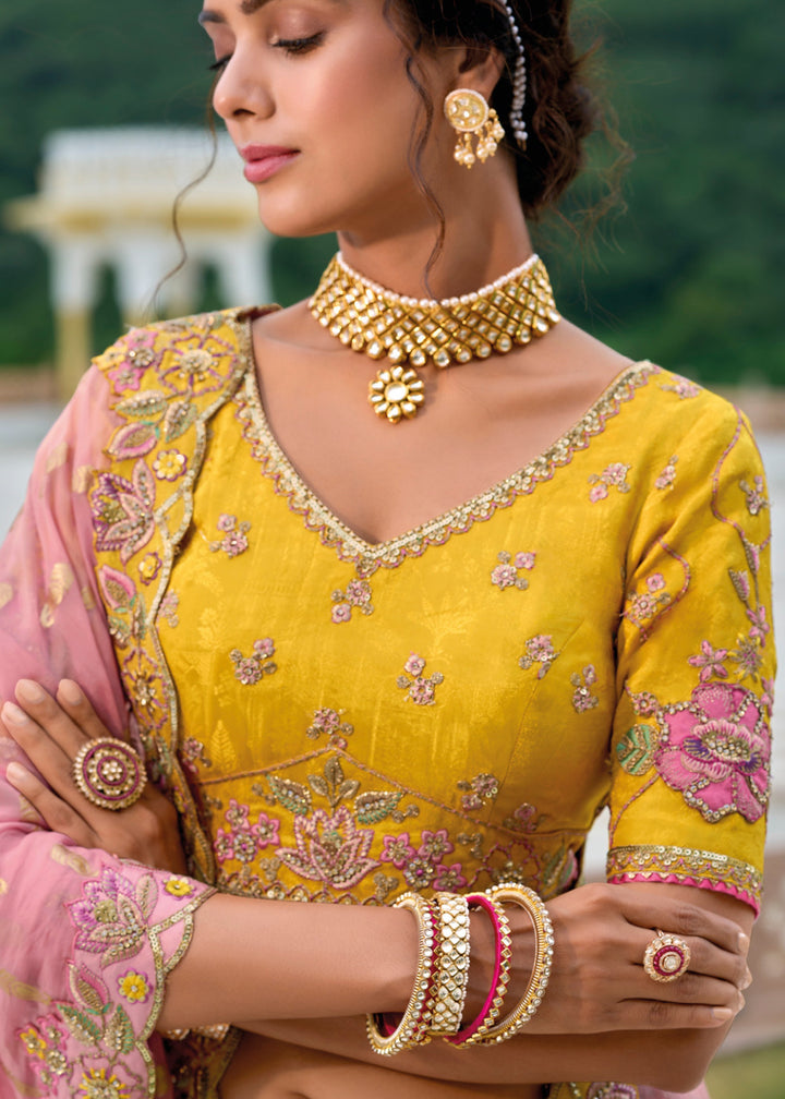 Canary Yellow and Pink Viscose Tissue Lehenga Choli with Embroidery Work (PRE-ORDER)