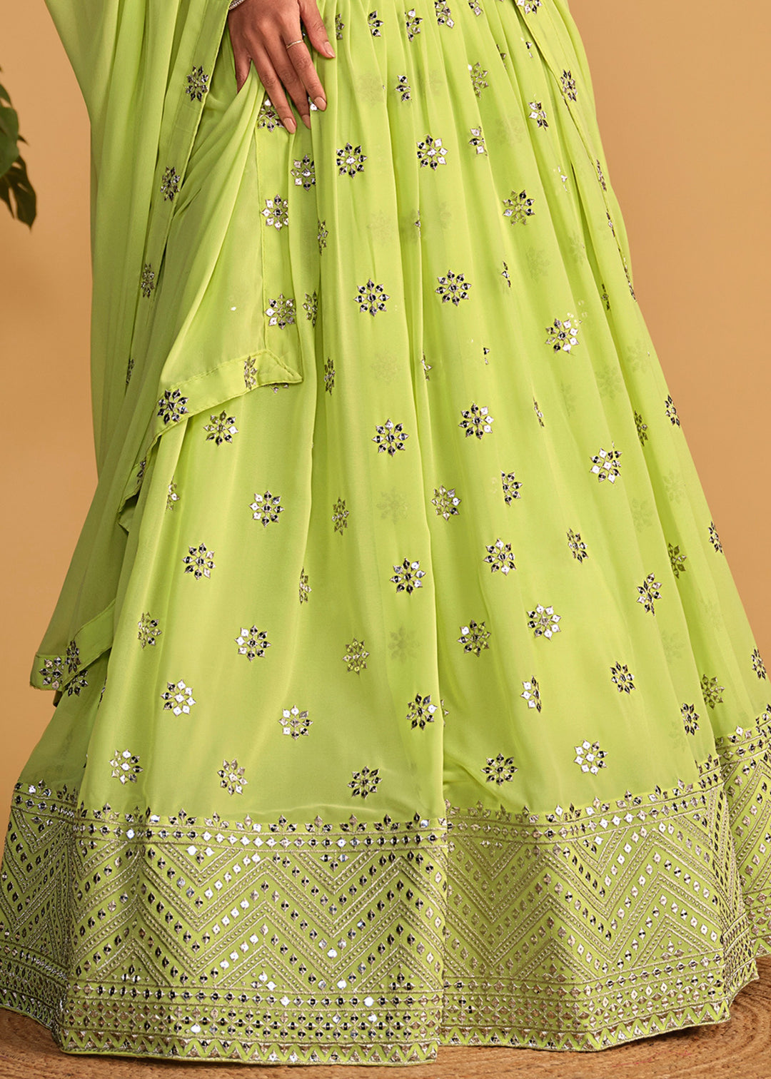 Neon Green Georgette Lehenga Choli With Sequins Zari Embroidered Work