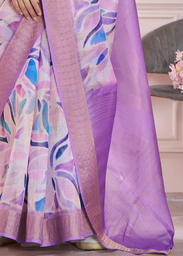 Lavender Purple Soft Zari Based Modal Silk Saree With Beautiful Colorfull Print