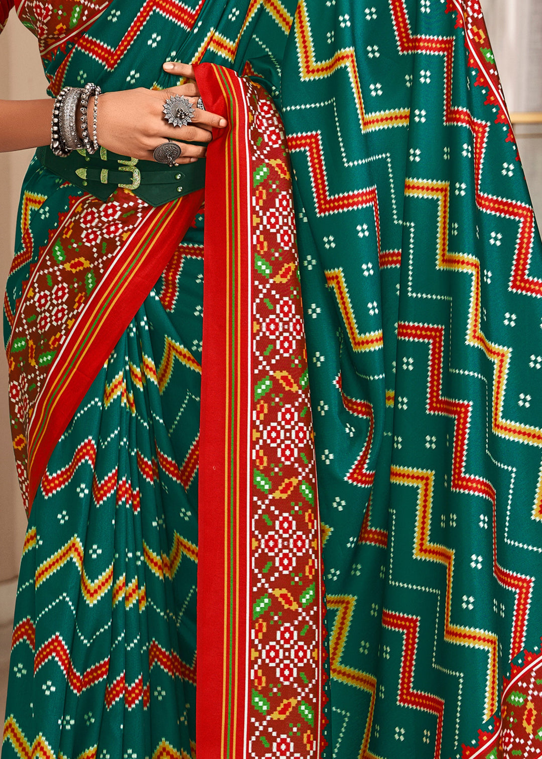 Dark Cyan Green Tussar Silk Saree With Beautiful Patola Print