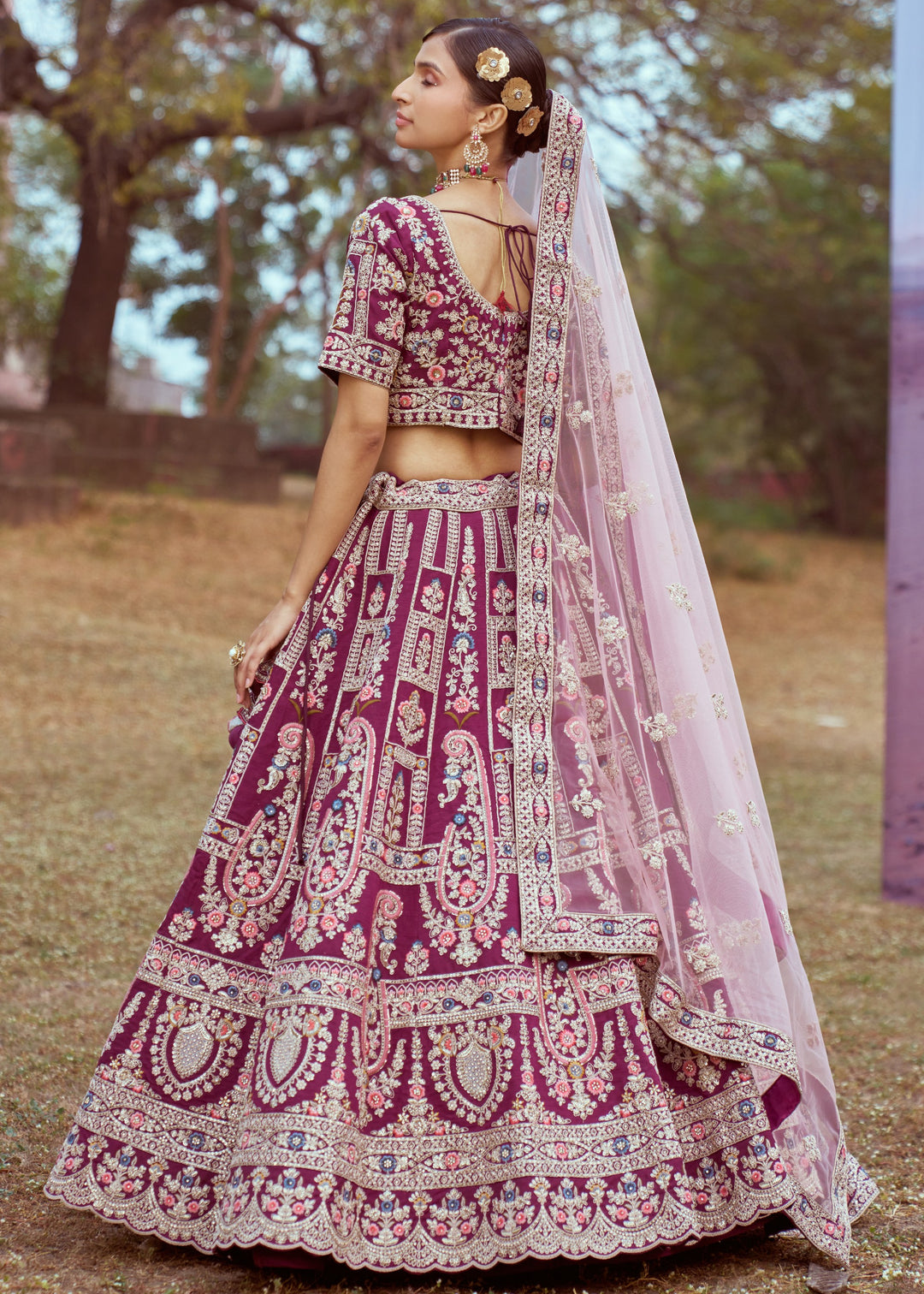 Purple Pure silk Moti, Coding embroidery Bridal Lehenga