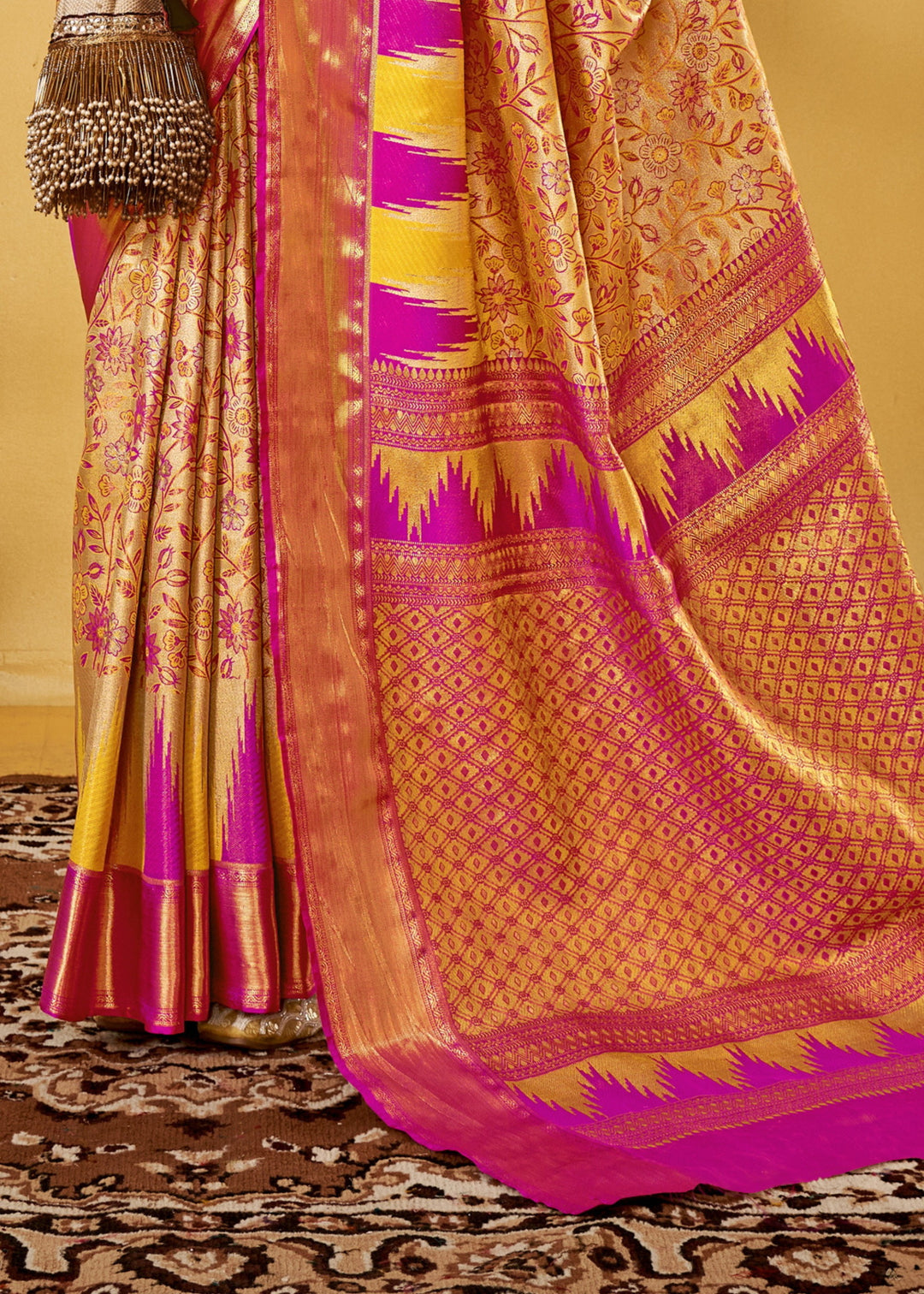 Yellow and Pink Handloom Dharamavaram Silk Saree