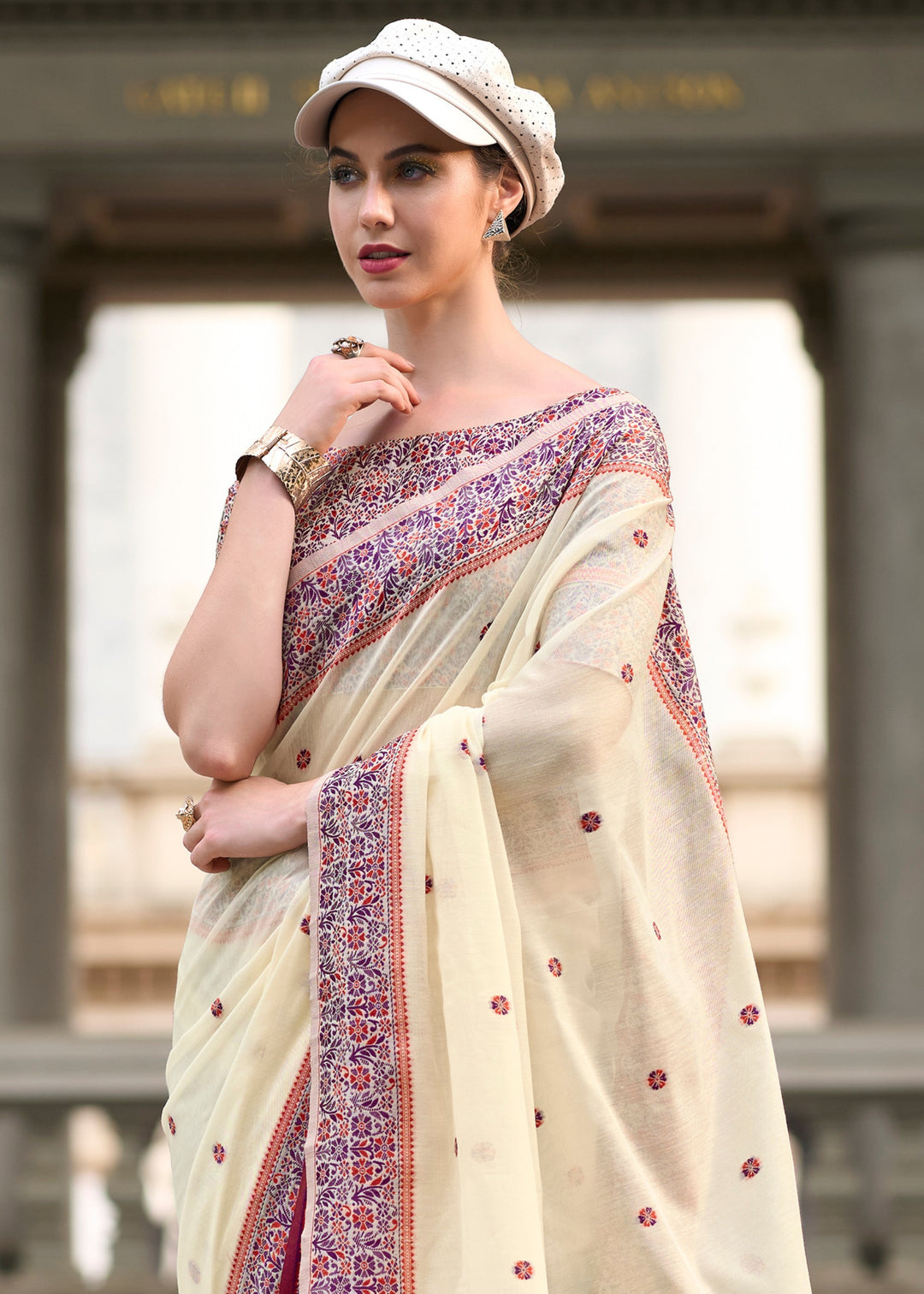 Off White Soft Linen Cotton Silk Saree