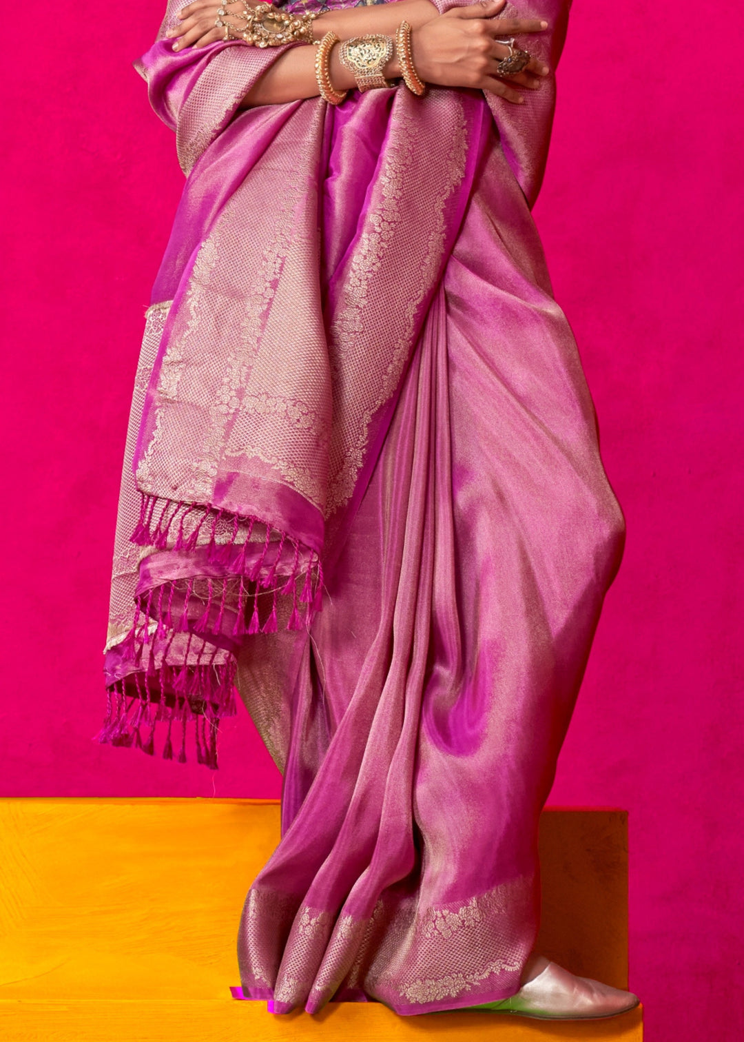 Deep Pink Zari Tissue Silk Saree With Weaving Border