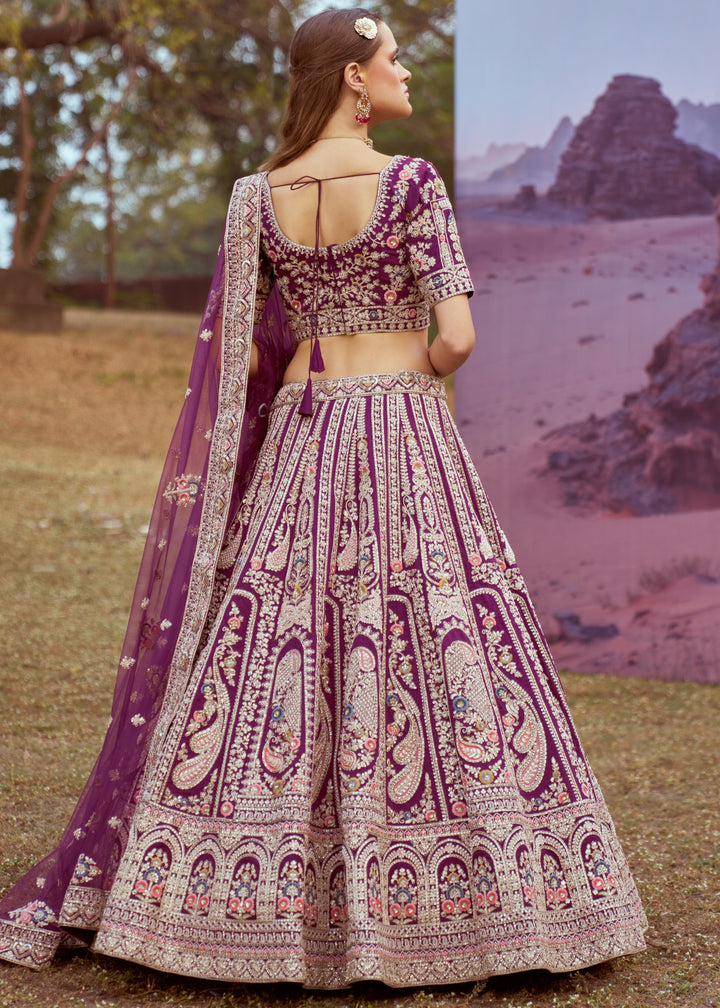 Dark Purple Pure silk Moti, Coding embroidery Bridal Lehenga