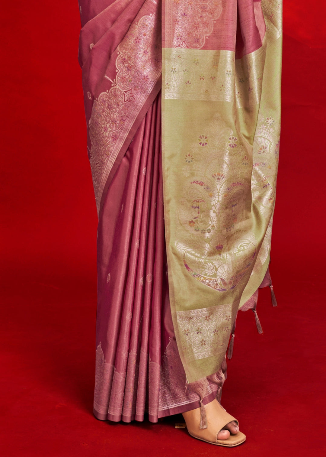 Dull Pink Tussar Silk Handloom Weaving Saree with Contrast Ikkat Pallu