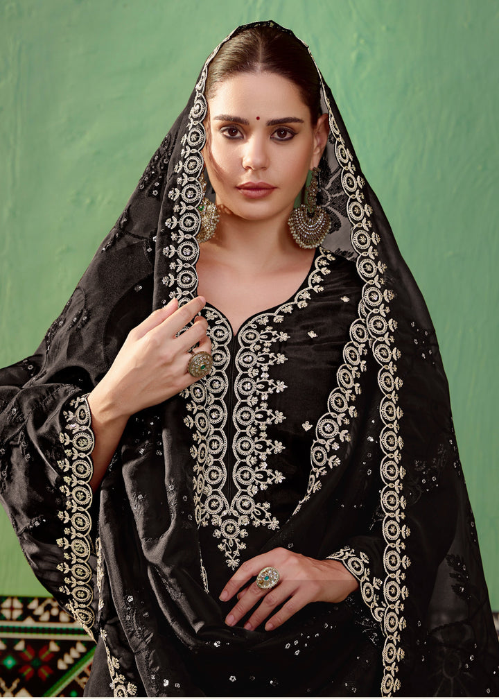 Black Pure Bamber Silk with Embroidery Salwar Suit