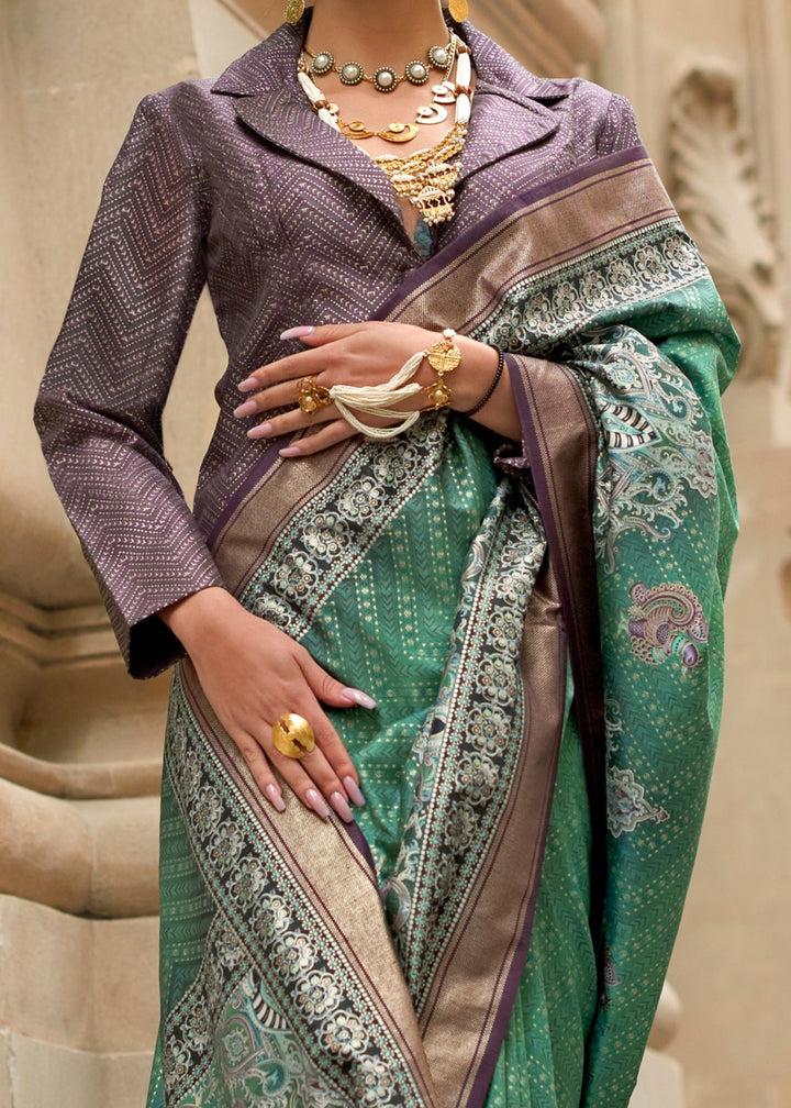 Jade Green Poly Viscose Silk Saree With Foil Print