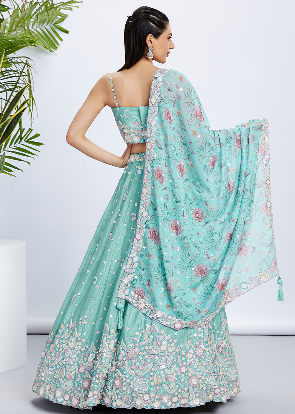 Blue Green Chiffon Lehenga Choli with Sequins & Thread Embroidery work