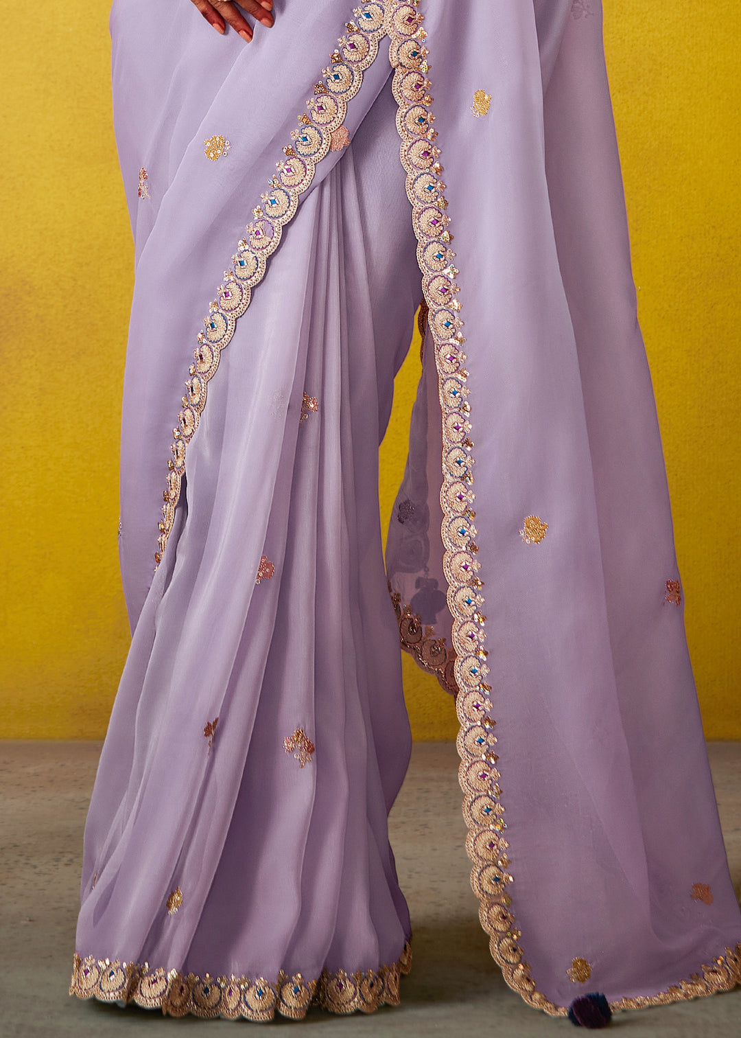 Mauve Purple Glass Tissue Silk Saree With Sequins And Thread Embroidered Work