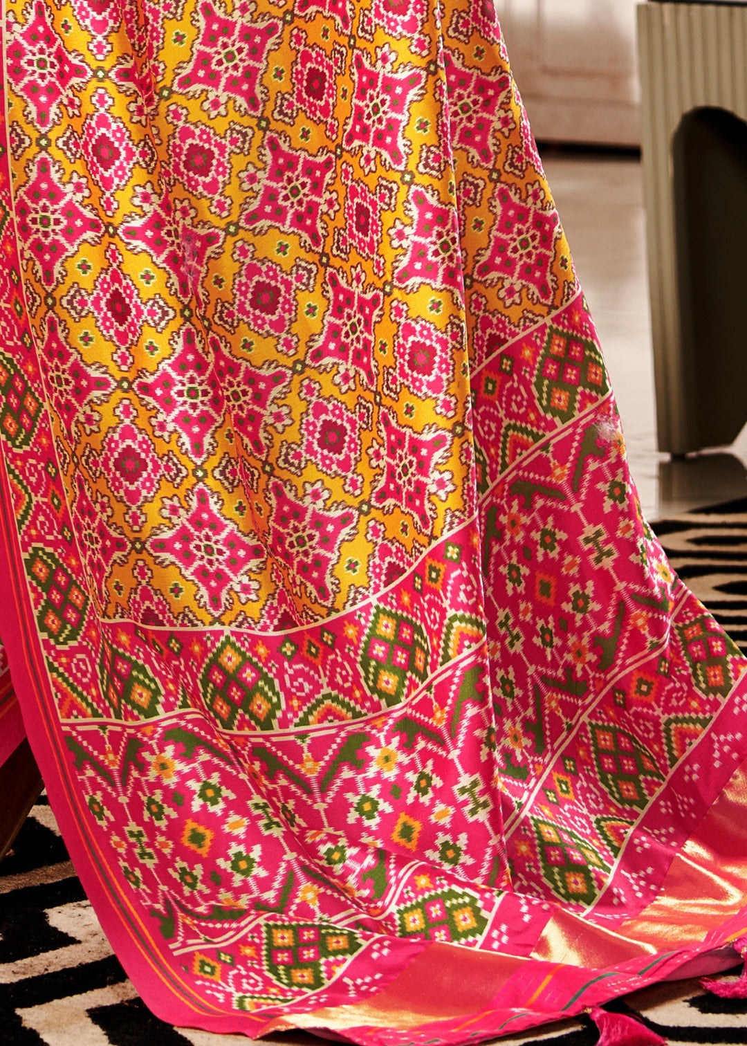 Canary Yellow & Pink Tussar Silk Saree With Beautiful Patola Print